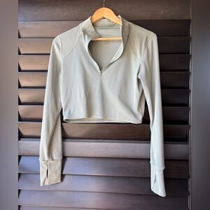 LA Image Large Mock Neck Quarter Zip Crop Top Sage Green Long Sleeve